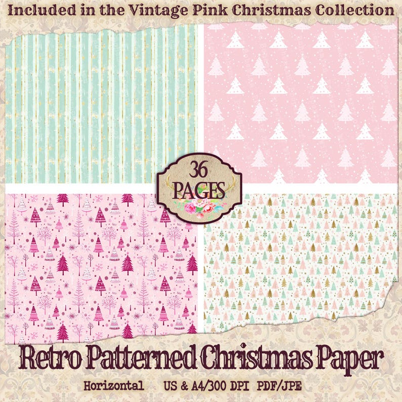 Pastel Pink Christmas Paper: Retro Winter Patterns | Junk Journal ...