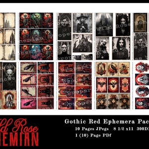 May include: A digital collage sheet with 10 pages of gothic red ephemera. The images include a variety of gothic elements, such as skulls, bats, and roses. The text "Wild Rose Bohemian" is at the bottom of the sheet.