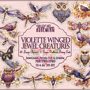Butterfly, Dragonfly, Bird Clipart, Ornate Transparent Butterfly PNGS, Vintage Purple and Gold Fussy Cuts, Kiss Cuts,  Outlined Fussy Cuts
