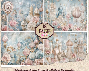 May include: A digital paper pack with 18 pages featuring a whimsical Nutcracker Land of Sweets theme. The pages are filled with intricate details of candy cane castles, swirling candy ornaments, and delicate flowers. The text "Included The Nutcracker Ballet Collection" and "18 PAGES" are visible in the image. The text "Nutcracker Land of the Sweets" and "18 US LETTER and A4/300 DPI PDF/JPEG" are also visible.