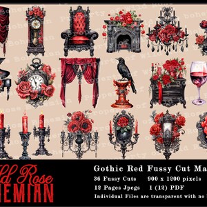 May include: Gothic Red Fussy Cut Mansion digital clipart set with 36 images. The set includes a variety of images, including a fireplace, a clock, a piano, a chair, a chandelier, a violin, a raven, a wine glass, and candlesticks. The images are all in a dark, gothic style with red roses and other floral elements.