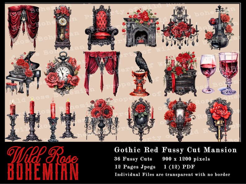 May include: Gothic Red Fussy Cut Mansion digital clipart set with 36 images. The set includes a variety of images, including a fireplace, a clock, a piano, a chair, a chandelier, a violin, a raven, a wine glass, and candlesticks. The images are all in a dark, gothic style with red roses and other floral elements.