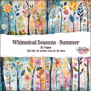 Mixed Media Whimsical Summer Seasons  Digital Printable, Watercolor Landscapes Paper, Summer Digital, Junk Journal  Paper Digital Printable,