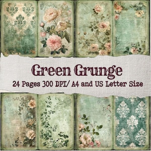 Pode incluir: Uma colagem de oito páginas de diário em estilo vintage com uma estética grunge verde. Cada página apresenta padrões florais e damascados, com uma paleta de cores verde, creme e rosa. O texto "Green Grunge" está incluído.