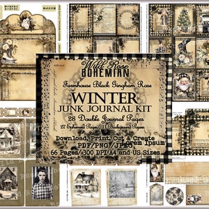 Winter Farmhouse Junk Journal Printable Kit: Black Check Ephemera (PDF)