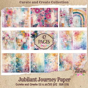Jubilant Journey Junk Journal Paper | Art Journal | Rainbow Mixed Media Journal Pages | Digital Ephemera | Distressed Collage Whimsy