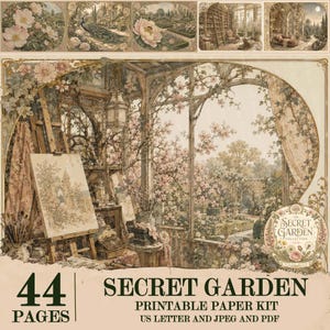 May include: A vintage-style printable paper kit titled "Secret Garden Collection." The image features a detailed illustration of a garden scene with an artist's easel, flowers, and the text "44 Pages." Includes US Letter, JPEG, and PDF formats.