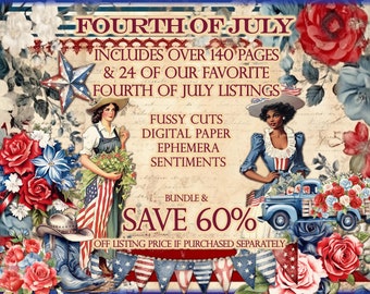 Fourth of July Junk JOurnal Bundle, Independence Day Scrapbooking Kit PNG Bundle, Fourth of July Junk Journal Kit Bundle, Ameicana Paper kit