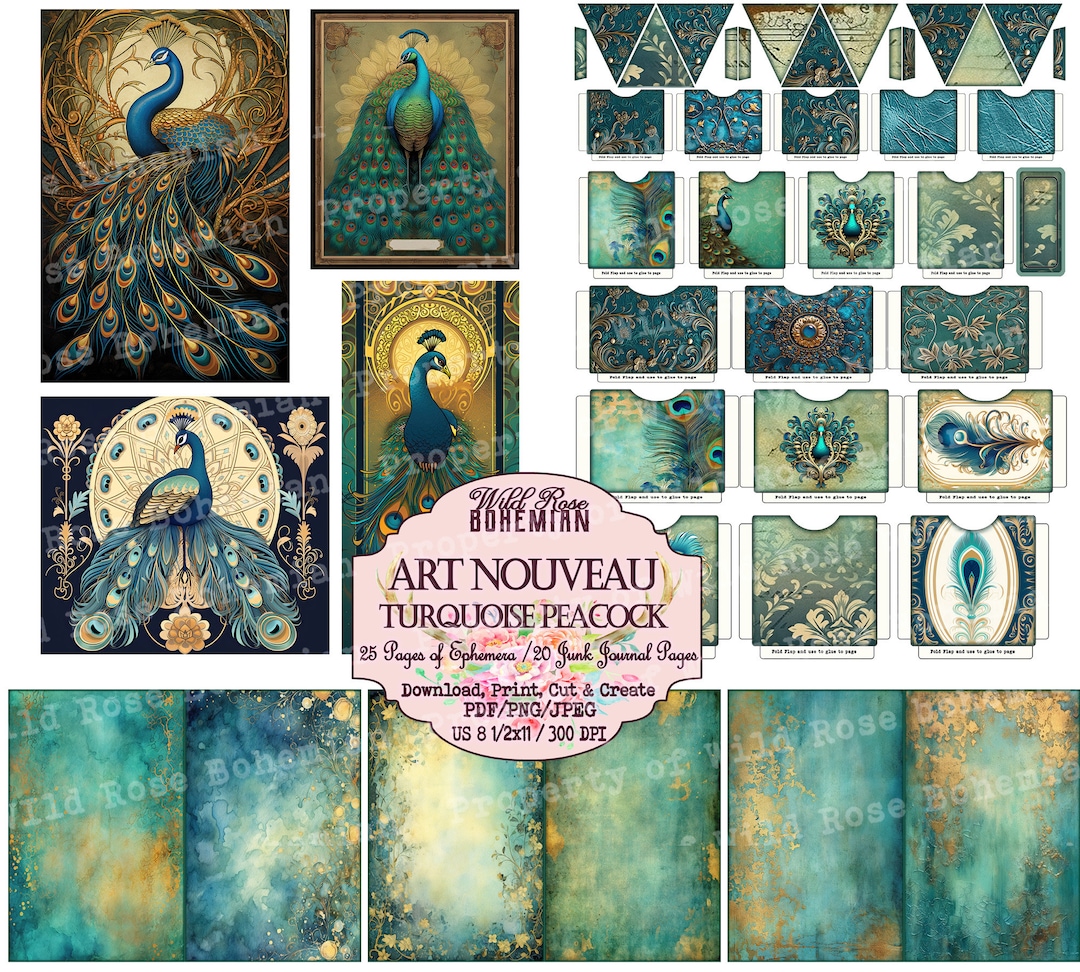 Art Nouveau Peacock Junk Journal Kit: Turquoise \u0026 Gold (digital Prints) -  Etsy, image size:1080x972