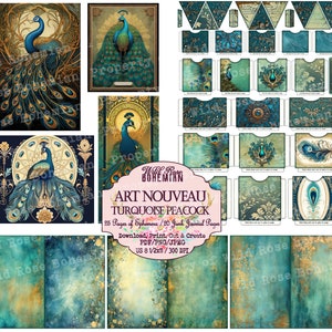 May include: A digital collage sheet featuring turquoise and gold peacock designs in an Art Nouveau style. The sheet includes 25 pages of ephemera and 20 junk journal pages. The text "Art Nouveau Turquoise Peacock" is printed on the sheet. The sheet is 8.5 inches by 11 inches and 300 DPI.