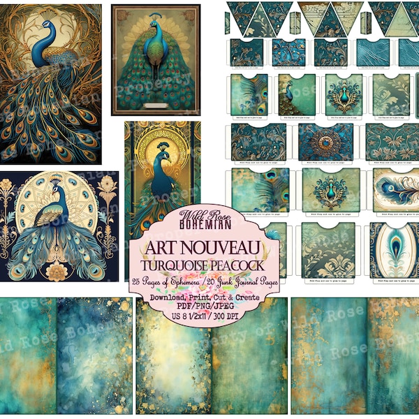 Peacock Junk Journal Kit, Art Noueavu Turquoise Mega Bundle, Turquoise and Gold Peacock Printable, Art Nouveau Journal Kit, Digital Prints