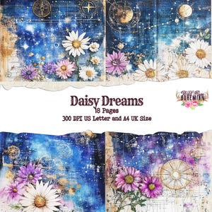 blue daisy mixed media scrapbooking  paper, Astral Bloom Junk Journal Paper: Moonlight Floral Ephemera, astronomy paper, printable mixed