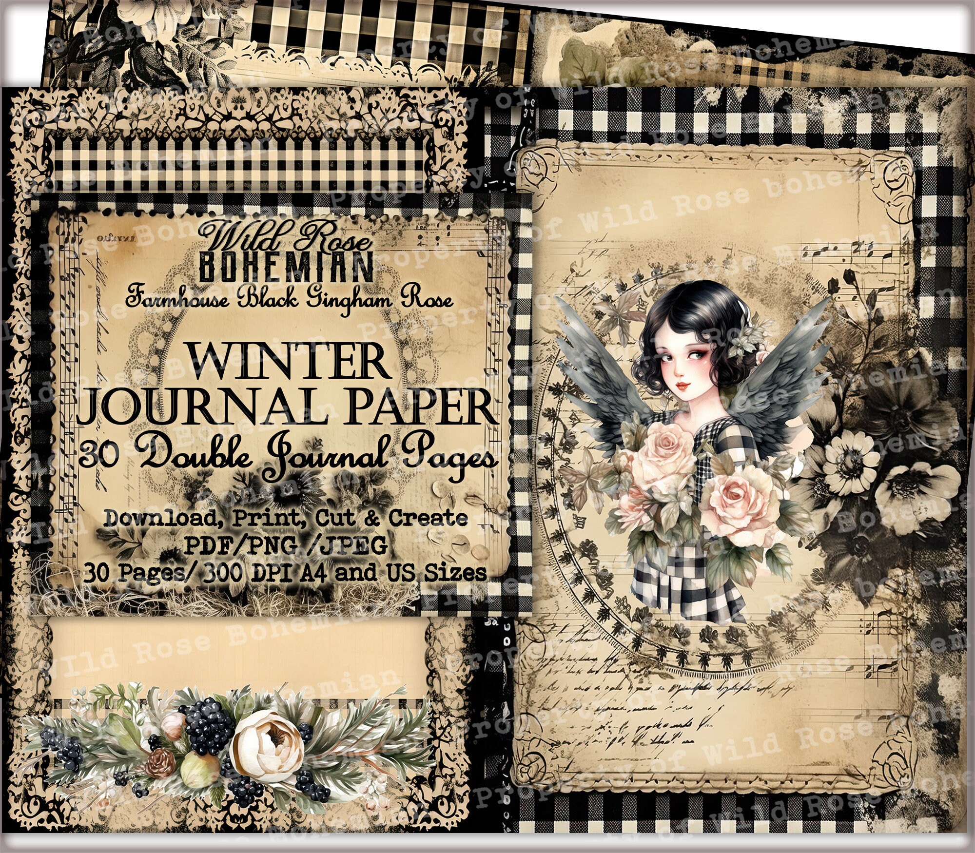 Winter Farmhouse Junk Journal Mega Bundle: Black Gingham Rose (digital ...