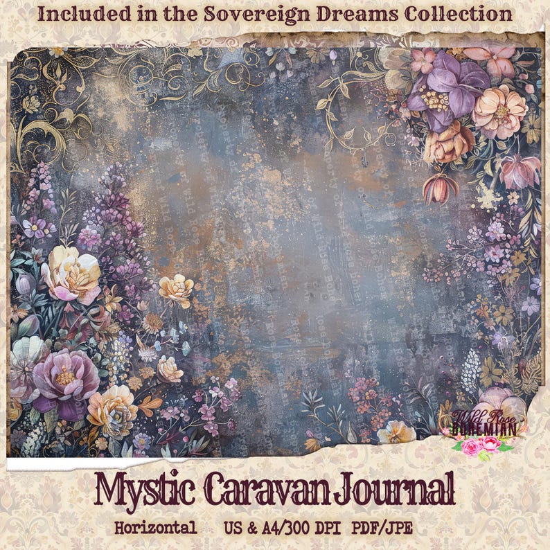May include: A digital paper pack with a vintage, floral design. The background is a textured, blue-grey color with gold accents. The flowers are purple, pink, and white. The text "Mystic Caravan Journal" is at the bottom of the image.