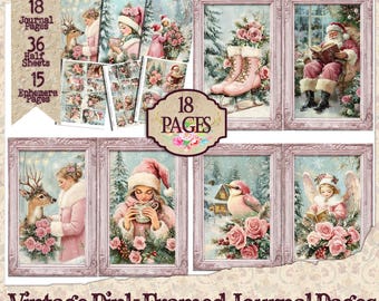 May include: A set of 18 printable journal pages featuring a vintage pink frame design. The pages include images of winter scenes with snow, deer, angels, birds, and a Santa Claus reading a book. The text "Creatives Subscription Gift #1 December 2024" is at the top of the image.