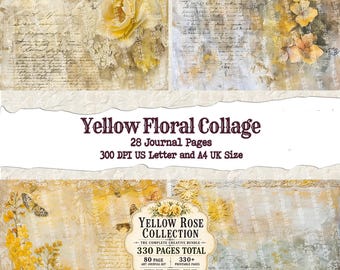 Yellow Floral Collage Junk Journal Paper, Mixed Media Spring ROse Floral Printable Art EPhemera and Scrapbooking Supply Printable