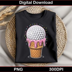 Peut inclure: T-shirt noir avec un graphisme fantaisiste d'une balle de golf en forme de glace, avec de la "crème glacée" rose dégoulinante et un cornet gaufré. Le motif comprend des vermicelles colorés. Les mots "Digital Download", "PNG" et "300DPI" sont en haut et en bas.