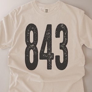 Può includere: T-shirt color crema con il numero "843" stampato in nero invecchiato. La maglietta ha maniche corte e girocollo. Il testo "Made in North Carolina" è visibile in basso a destra.