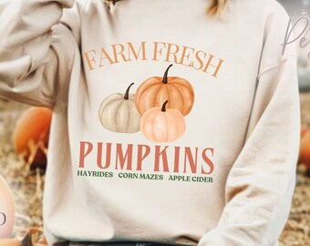 May include: A beige sweatshirt with the text "FARM FRESH PUMPKINS HAYRIDES CORN MAZES APPLE CIDER" and a graphic of three pumpkins. The pumpkins are orange, peach, and cream.