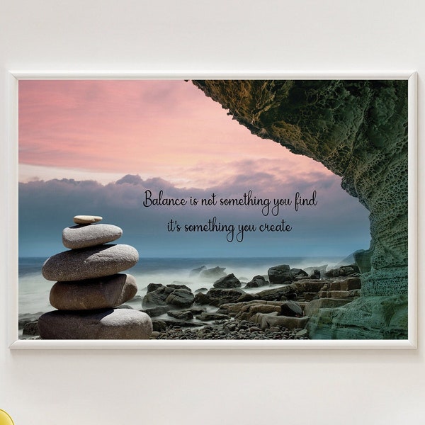 Balanced Stone with pink and blue shaded beautiful cloudy Sky View, Inspirational Wall Art, The key to Steadiness, Pebble Beach Canvas