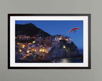 Cinque Terre Town Old Seaside Villages On The Rugged Italian Riviera Coastline, Night view of Italy Hang Gliding above the Cinque Terre Town