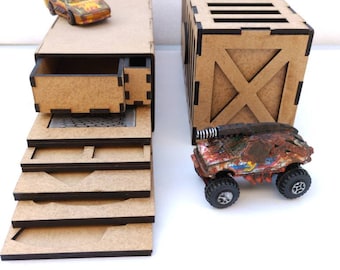 Gaslands Refuelled bewegingssjabloon container. Oorlogsspelterrein. Tafelblad miniatuurspel. Doos voor miniatuur raceauto's