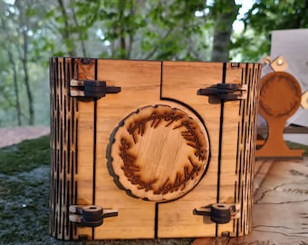 Caja de madera para complementos juegos de rol y mesa, Transporte dados y accesorios hecha en roble con cierre secreto