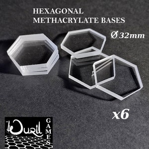 32mm hexagonal bases made of 3mm thick acrylic. Bases for 32mm miniatures. Pack of 6 32mm hexagonal bases.