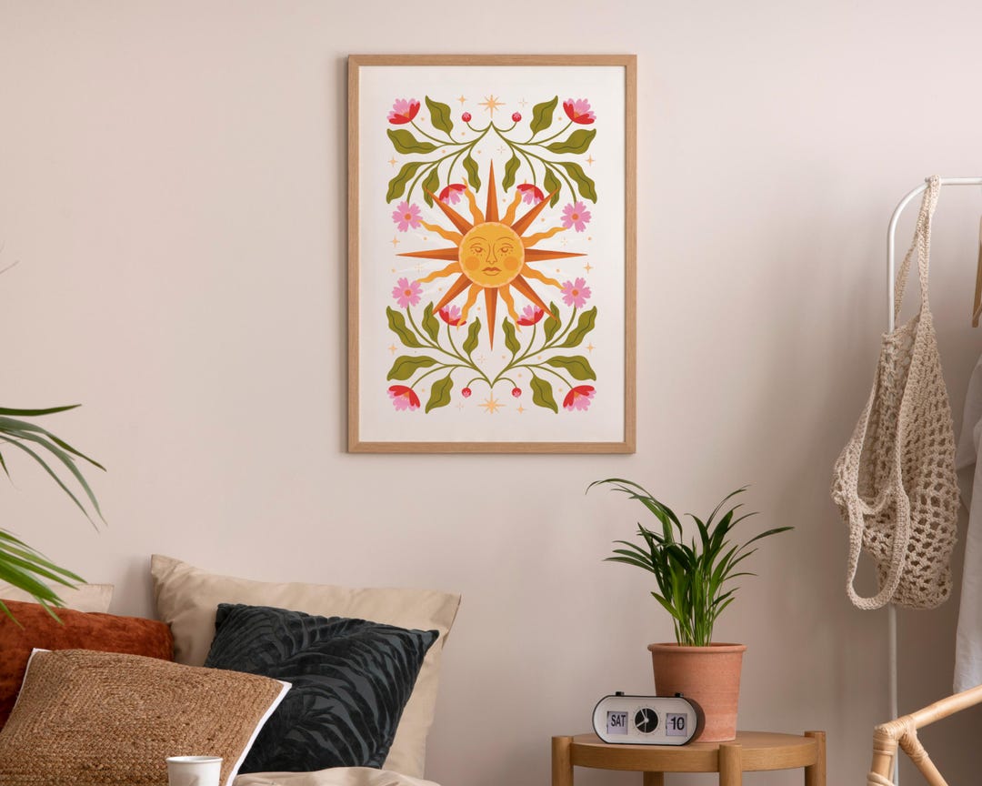 Folk Sun Wand Kunst zum Ausdrucken | Boho himmlische botanische
