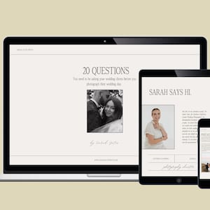 May include: A laptop, tablet, and smartphone display a website and digital guide for wedding photographers. The website features the text "20 Questions You need to be asking your wedding clients before you photograph their wedding day." The guide features a photo of a woman and the text "SARAH SAYS HI."