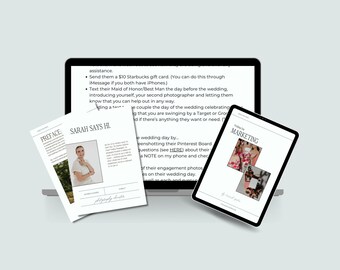 May include: A laptop computer with a white screen displaying text about wedding photography assistance. A white and black document with the text "PREFACE: SARAH SAYS HI" is on the laptop. A white and black document with the text "Wedding Day Marketing" is on a tablet.
