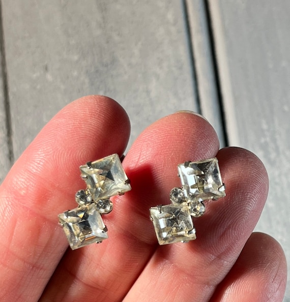 Art Deco Rhinestone Earrings, Art Deco Clear Rhin… - image 1