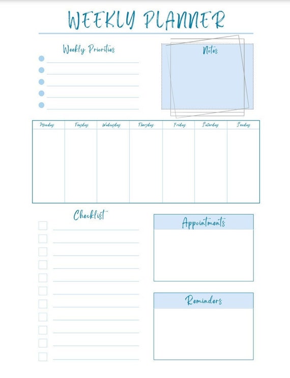 Printable 7 Day Weekly Planner Template, Digital 7 Day Weekly