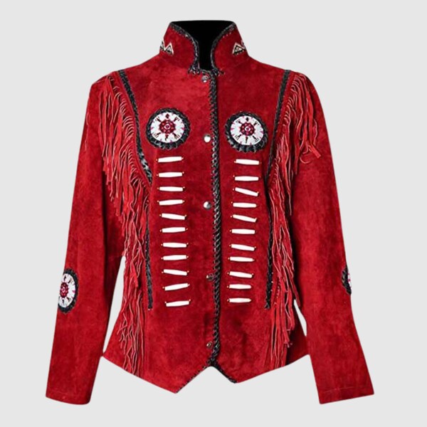 Women's Red Suede Western Jacket Handmade Western Jackets With Fringe Beads & Bones Suede Leather Cowgirl Jacket Native Indian Jacket