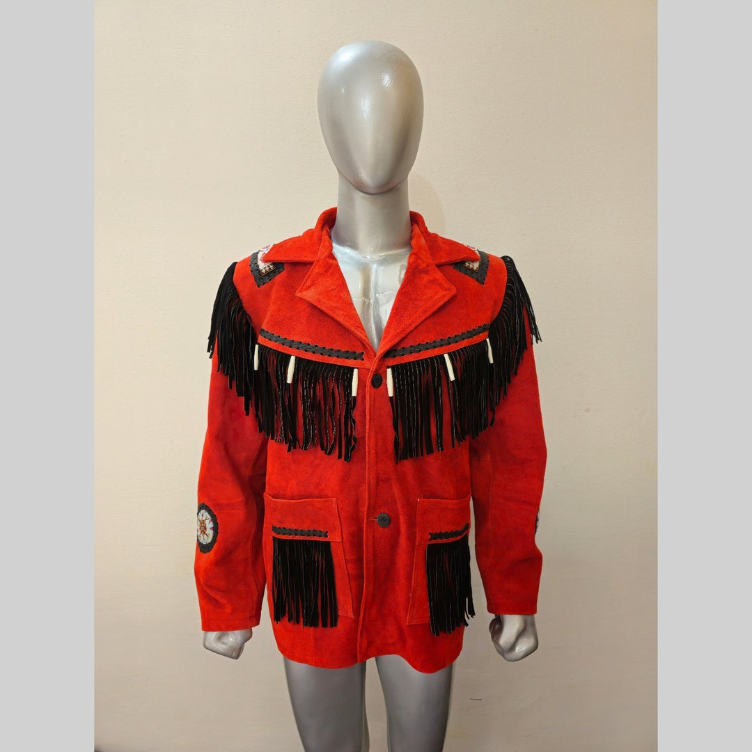 Black Leather Fringe Jacket Red Cowboy Jacket Etsy