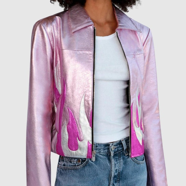 Pink Metallic Leather Jacket Mens & Womens - Vintage Motorcycle Style Sleek Fitted Biker Jacket