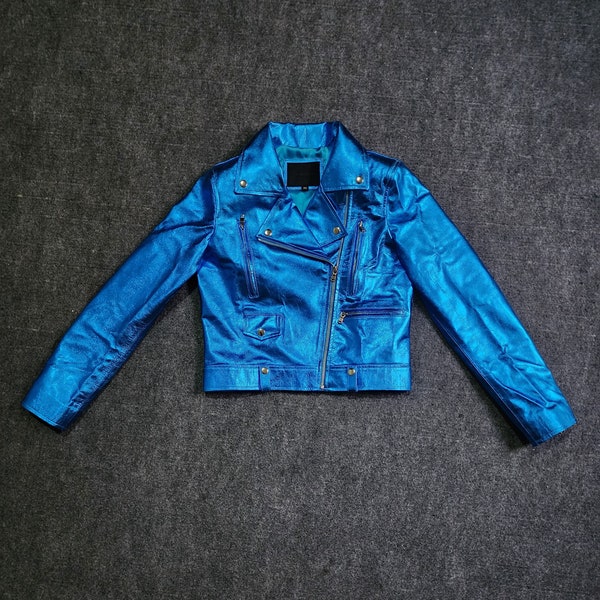 Veste métallisée bleue femme - Veste de moto métallique - Veste en cuir métallisé bleu - Veste en cuir recadrée faite à la main