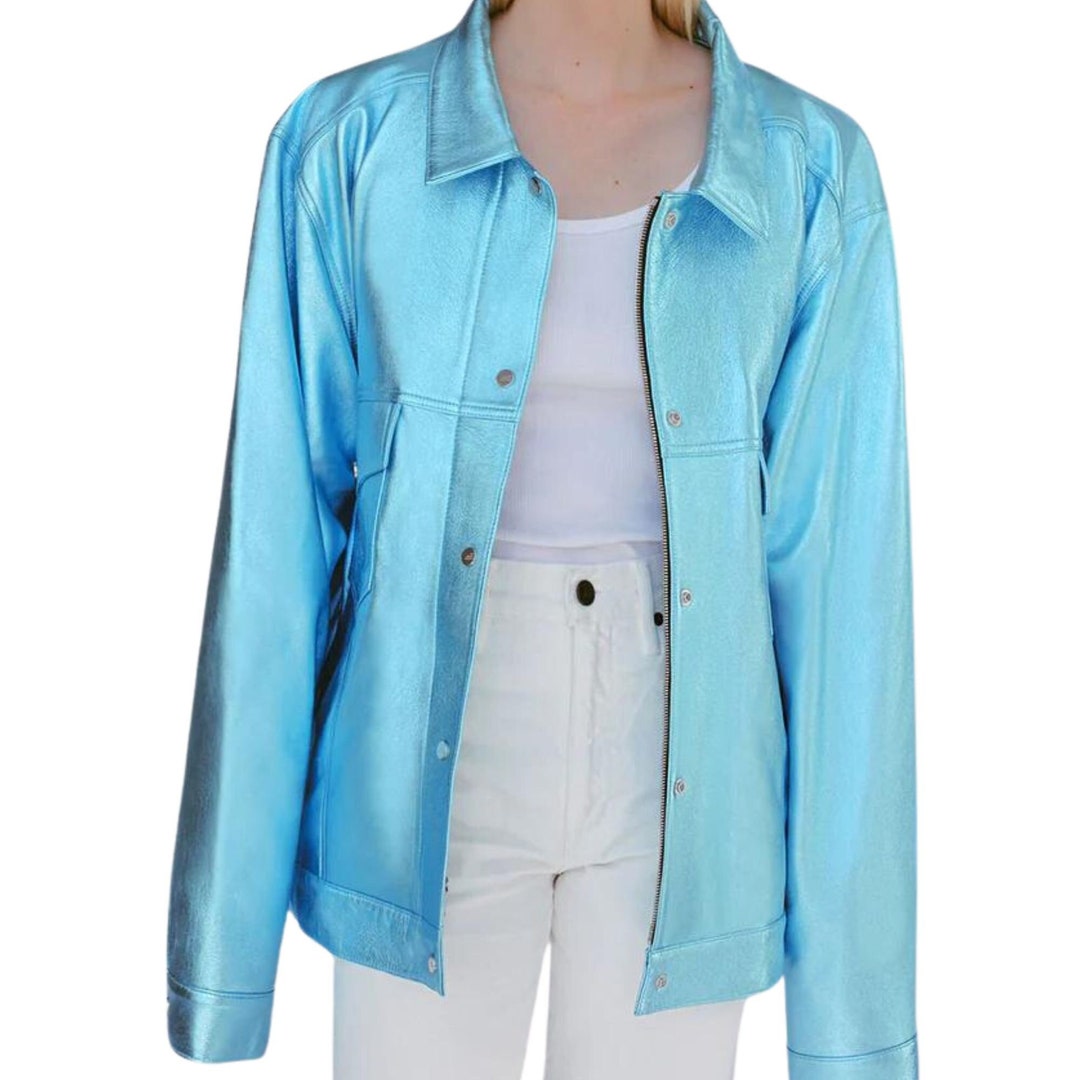 Handmade Metallic Trucker Jacket, Women's Blue Metallic Leather Jacket