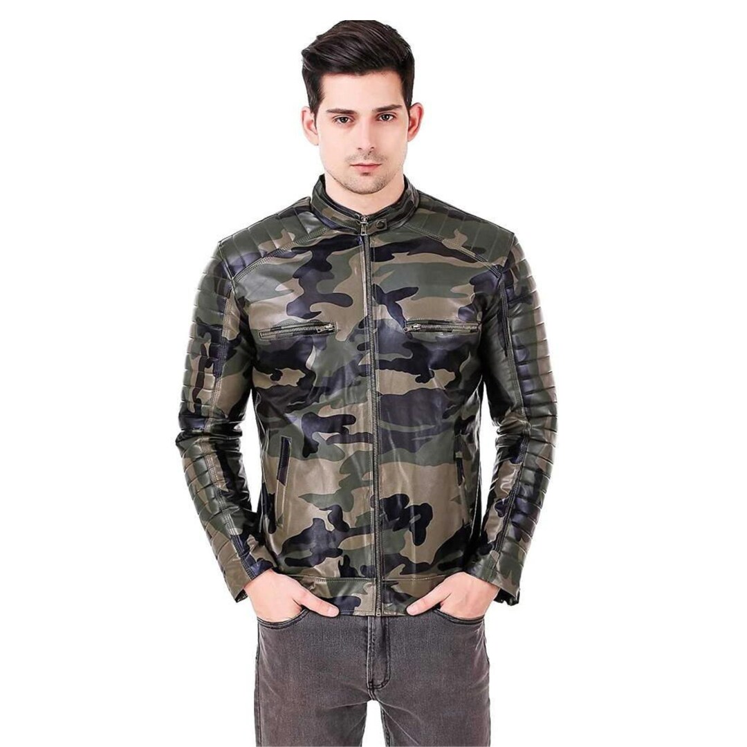 Mens Camo Biker Style Leather Jacket Camouflage Jacket Etsy