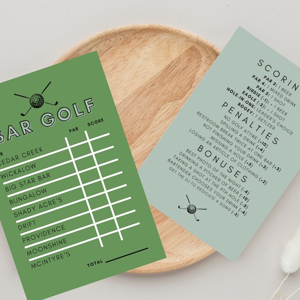 Modern Bar Golf Score Card Template | Pub Crawl Invitation | Double-sided Flat Lay Design | Digital Print | Instant Download