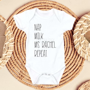 Mevrouw Rachel SVG, baby onesie SVG, Miss Rachel SVG, dutje melk herhalen SVG, liedjes voor kleintjes, MS Rachel cadeau