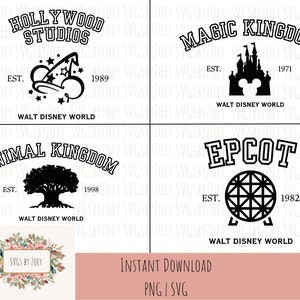 Quatre icônes du parc svg, svg de parc à thème, epcot, règne animal, studios d'hollywood, royaume magique, téléchargement numérique, fichier de coupe svg