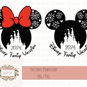 May include: Black and white silhouette of Mickey Mouse ears with fireworks and a castle inside. The text "Disney Family Vacation 2024" is written around the castle. The ears are on a pink background.