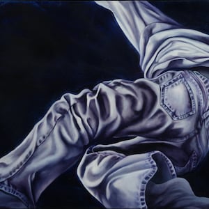 Realistisch figuur in donkerblauw, figuratieve originele kunstprint, donkerblauwe stoffenprint, humeurige print van museumkwaliteit, surrealisme, mannenfiguur.