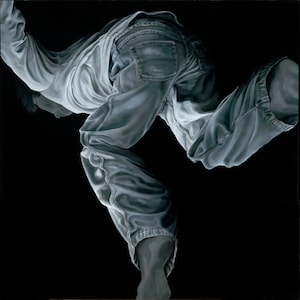 May include: A black and white painting of a person in mid-air, wearing a white shirt and blue jeans. The person's body is contorted in a dynamic pose, with their legs and arms extended.