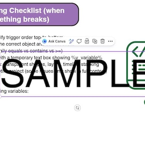 Peut inclure: Graphique de liste de contrôle de débogage avec un en-tête violet et une icône de moniteur d'ordinateur avec une loupe et un bug. Le mot "SAMPLE" est en grandes lettres noires sur l'image. La liste de contrôle comprend des étapes de débogage.