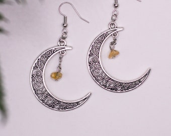 Silver Moon Earrings, Citrine Gem Earrings, Earthy Earrings, Christmas Gift for her, Moon Earrings