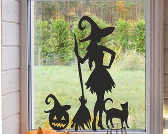 Witch Cat Pumpkin Sticker Halloween Vinyl Decal Window Wall Decoration Display