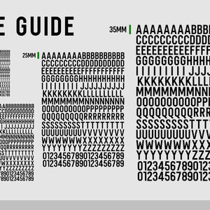 May include: A size guide chart with the text "SIZE GUIDE" at the top. The chart displays various fonts and sizes, including 10mm, 17mm, 25mm, and 35mm, with examples of letters and numbers in black.