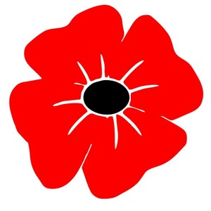 May include: A bold red poppy flower graphic with a black central disc and white stamens. The petals are a vivid red, set against a plain white backdrop. This image is suitable for various floral-themed applications.